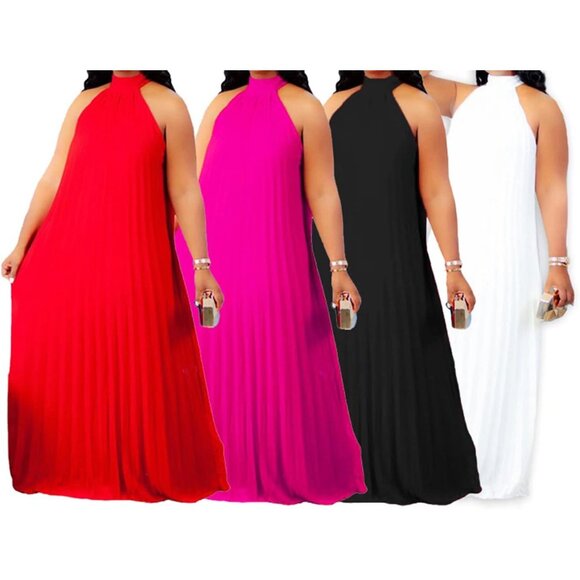 Women's Plus Size Chiffon Maxi Dress Sleeveless Halter Casual Long - Picture 3 of 3